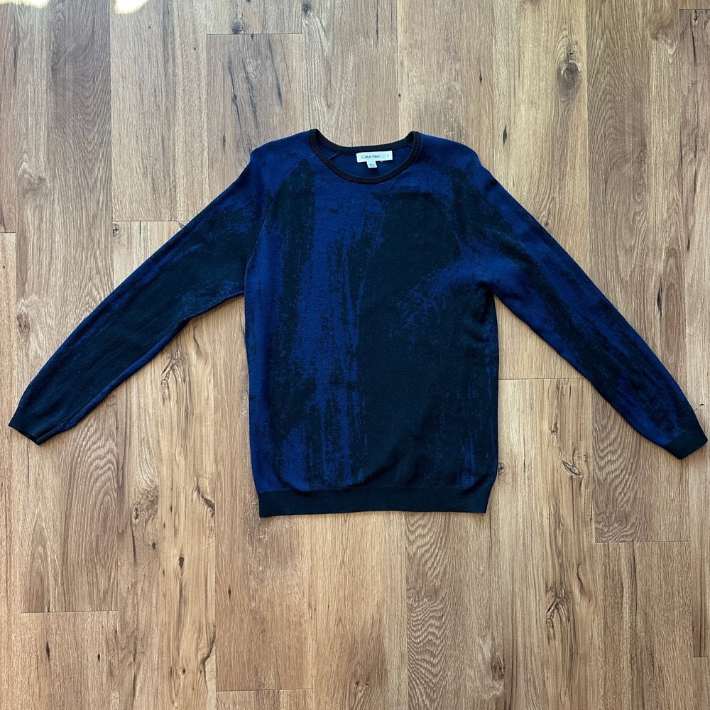 Calvin Klein Mens Abstract Brushstroke Crewneck Sweater Blue Black Size‎ M
